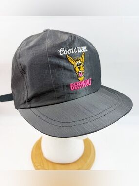 Vintage 80s Coors Light Beer Wolf Nylon StrapBack Grey Visor Hat Cap Retro NWOT
